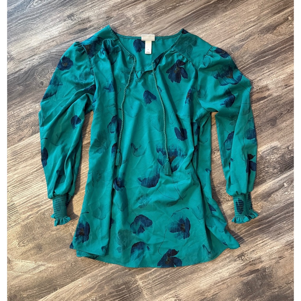 Ava & Viv Womens Teal Blue Floral Poppy Tassel Tie Blouse Smocked Cuff Top X